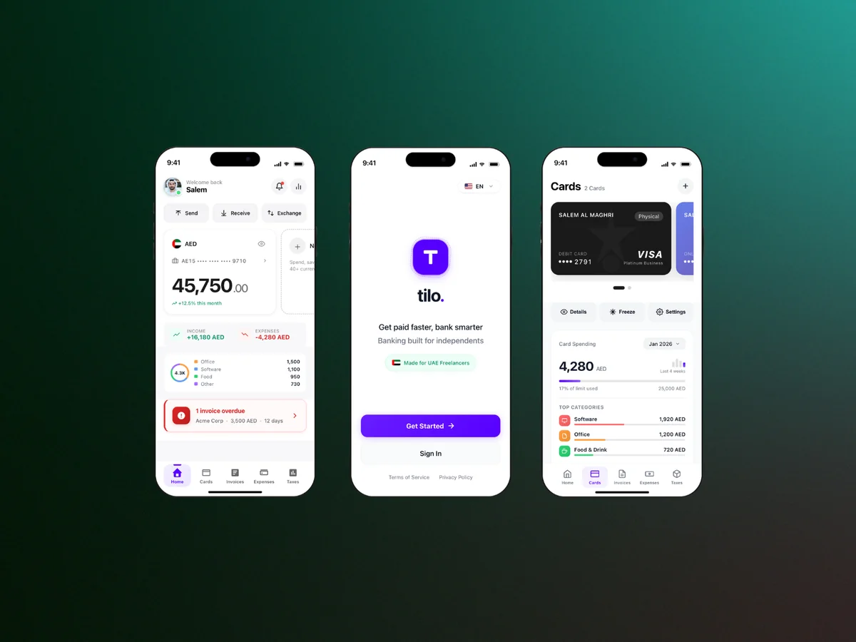 Tilo-style freelancer banking app on a phone — dark UI with balance and activity (illustrative preview)