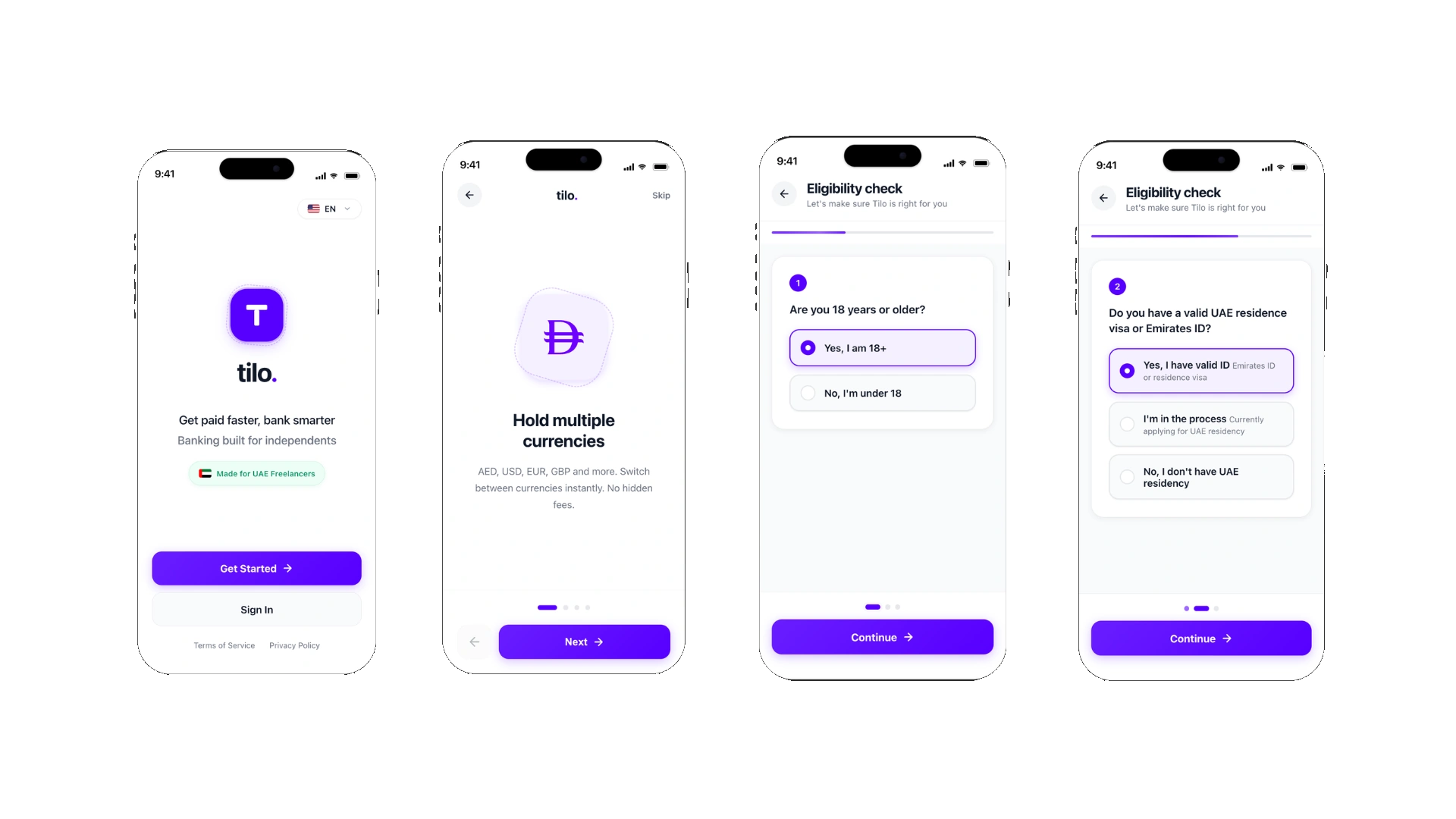 Tilo onboarding — splash, registration, eligibility, and password setup